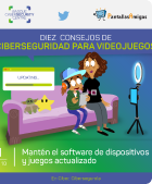 Imagen de la campa&ntilde;a #Cibersegurolas, sobre ciberseguridad en los videojuegos. Dibujo de un ni&ntilde;o con unos cascos grab&aacute;ndose con  un m&oacute;vil junto a su madre.